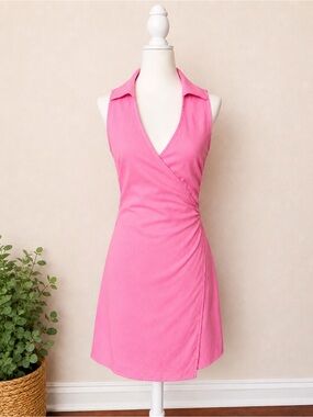 Le Lis Pink Linen Blend Wrap Mini Dress Sleeveless Collared V-Neck Size S